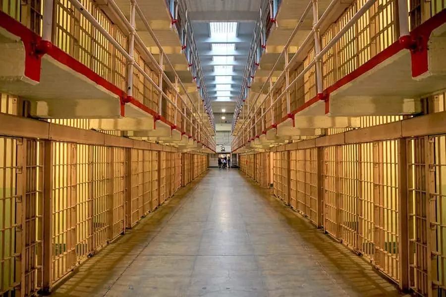 Main hallway with cells on each side at Alcatraz prison