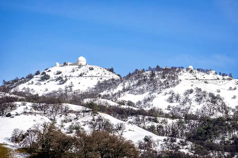 Observatory on top of snow covered Mount Hamilton