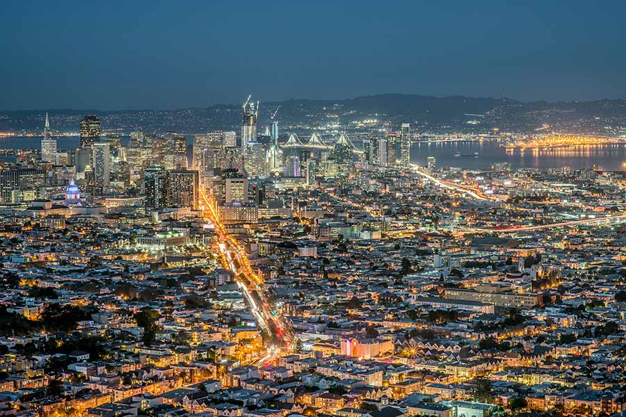 Aerial view of San Francisco at dusk