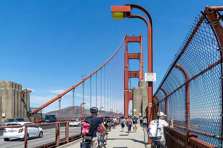 Sightseers walking across the Golden Gate Bridge