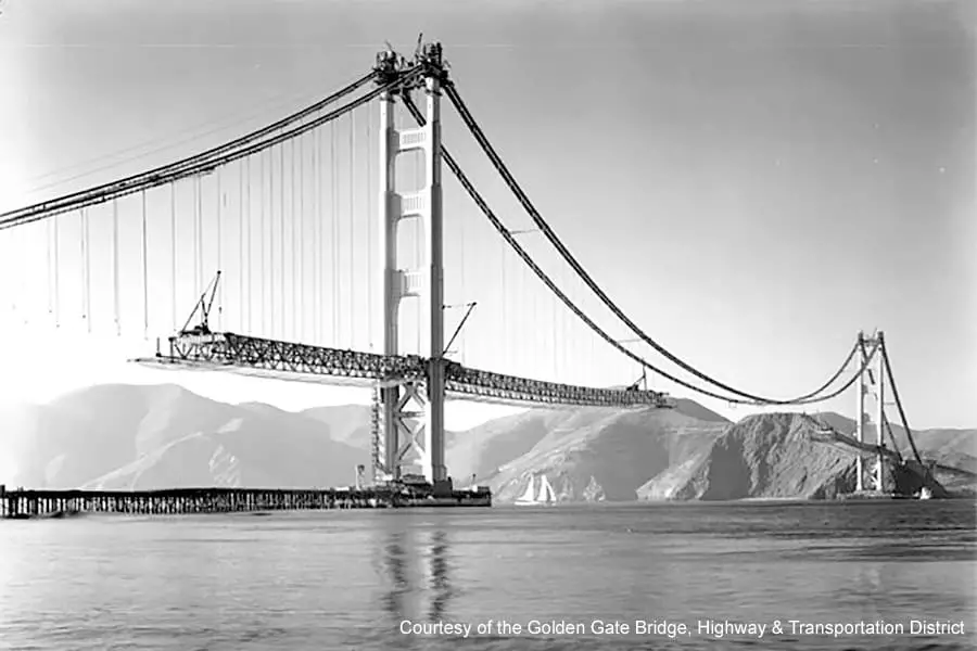 Vintage photo, building bridge across the bay