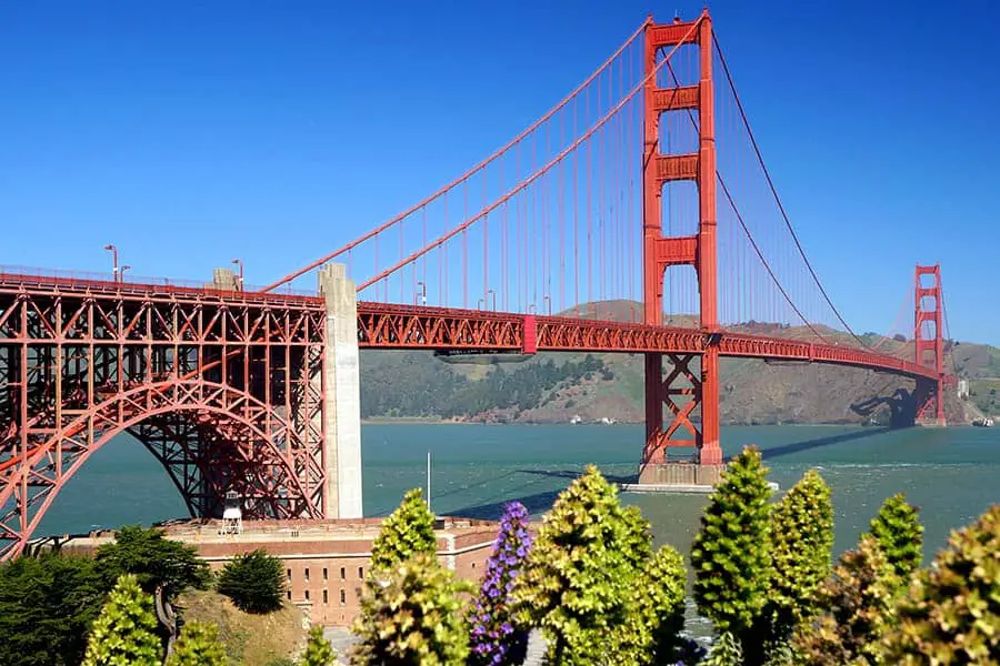 Red color of Golden Gate Bridge against the clear blue sky