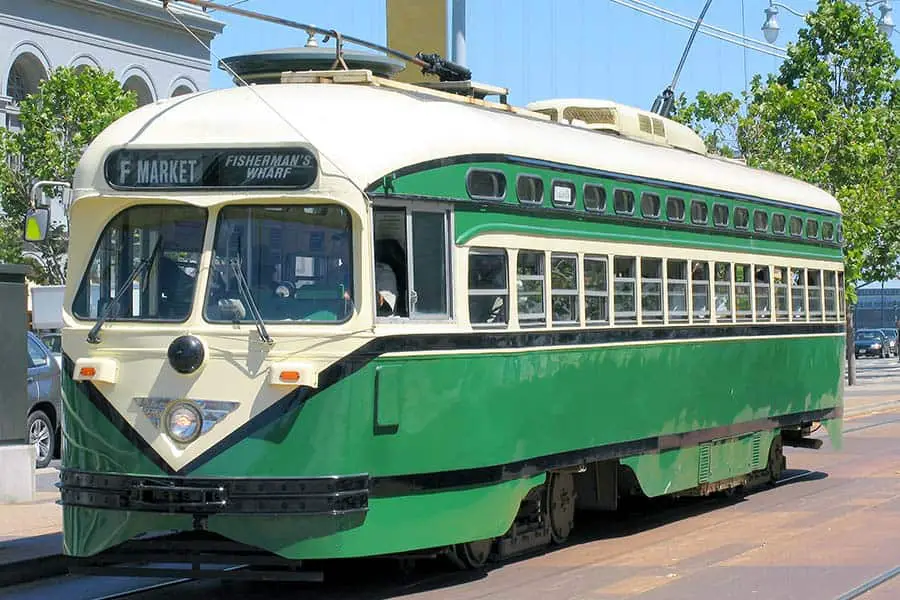 Passengers on green F-Market street car