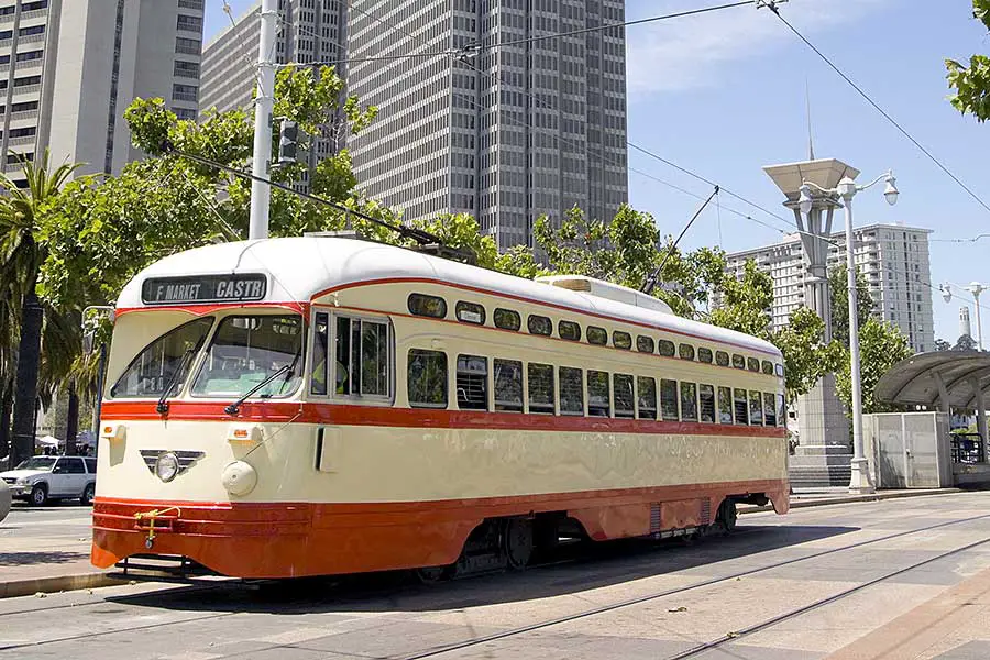 Red and cream F-Market street car