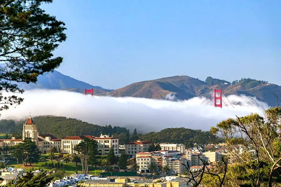 Buildings in foreground with the Golden Gate Bridge surrounded by fog