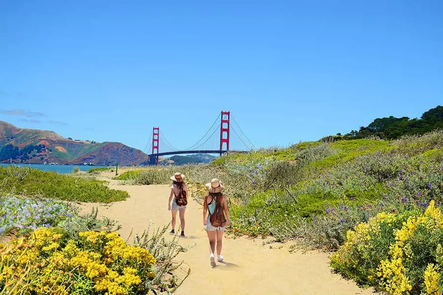 Hikers on path at Baker Beach