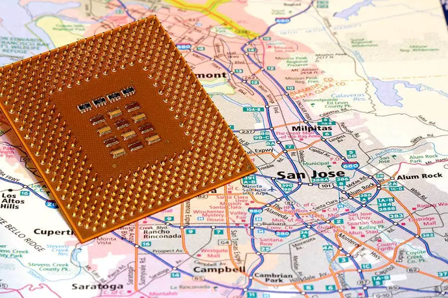 Map showing Silicon Valley with computer chip on it