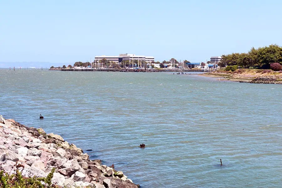 Water in the foreground with buildings in the background