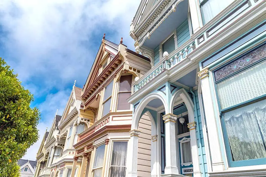 Looking up at colorful house facades