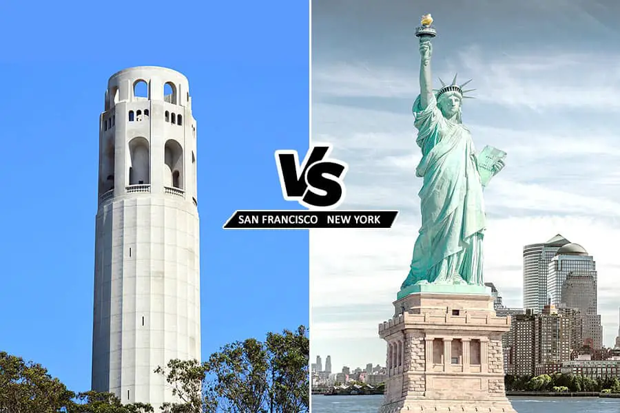 Coit Tower on the left with Statue of Liberty on the right