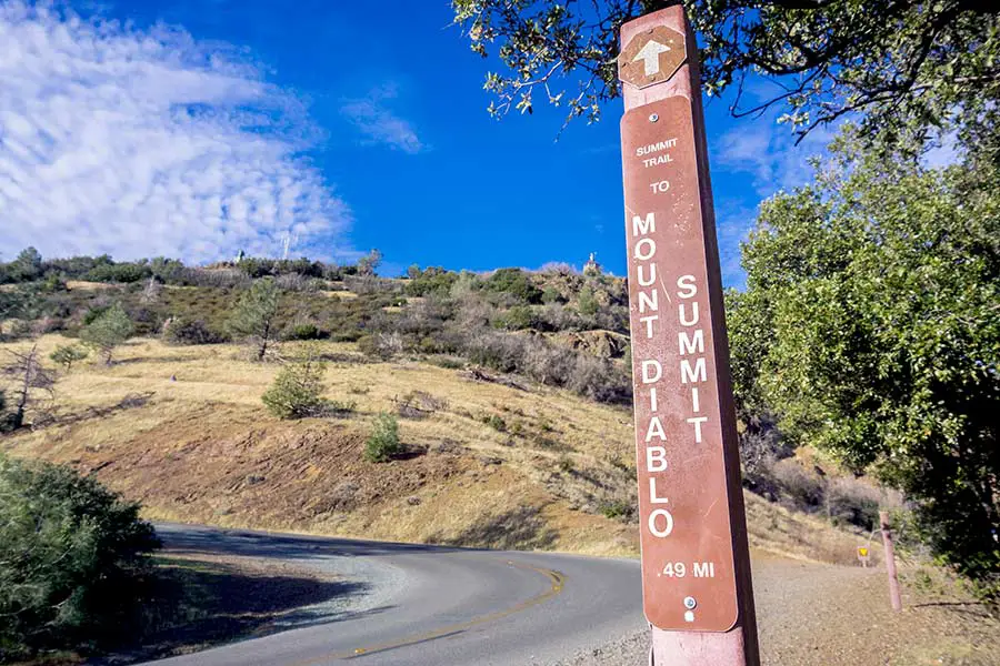 Sign to Mount Diablo summit in foreground with road and hillside in background