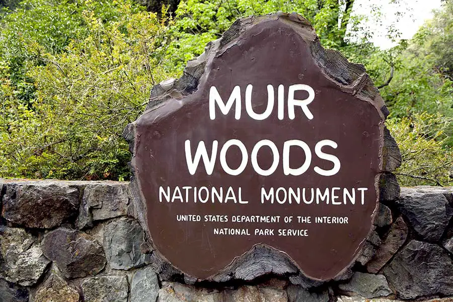 Muir Woods National Monument sign with rock wall behind it