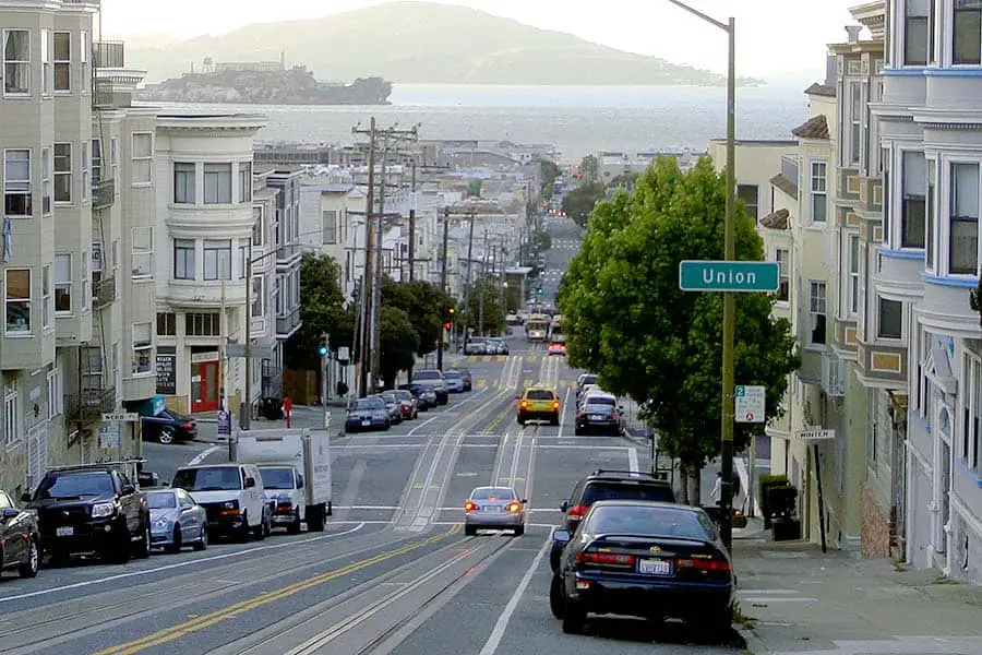 Steep car lined street in San Francisco