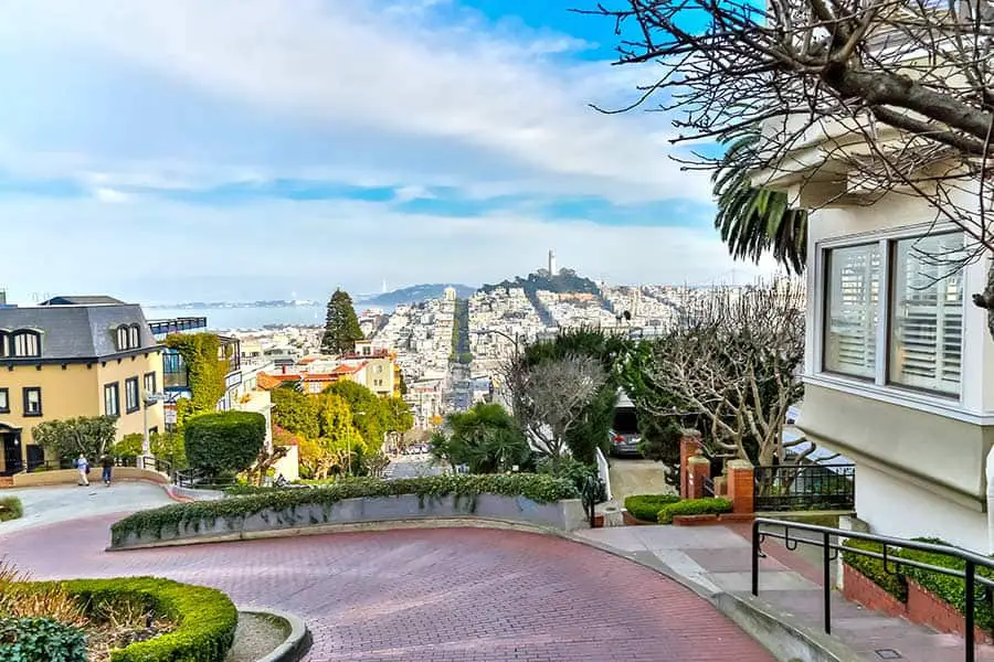 View looking down Lombard Street showing curvy road and houses