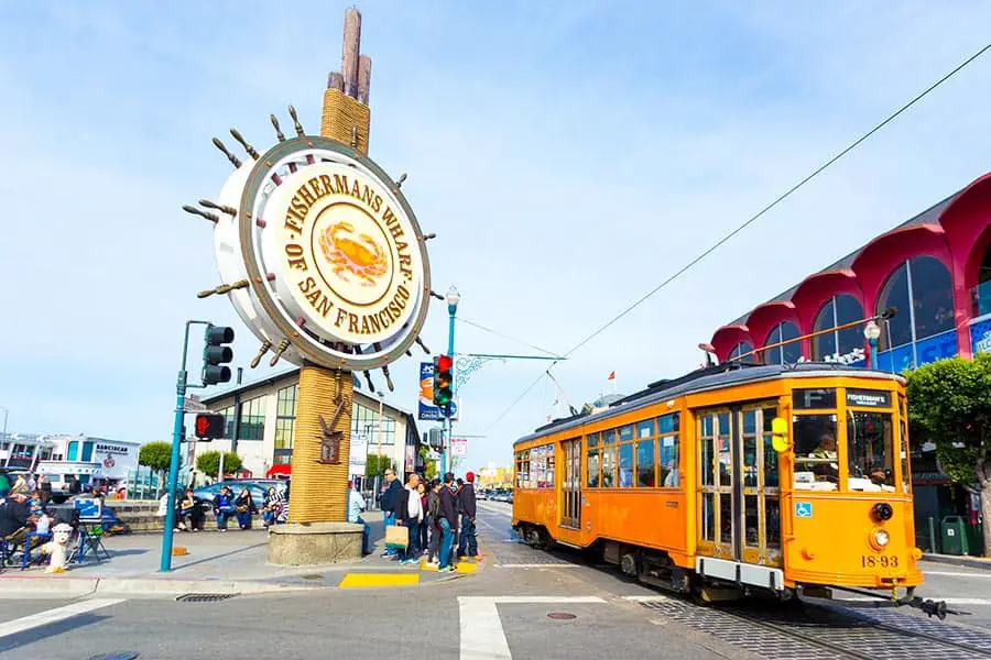 Fisherman's Wharf sign and tourists on the street