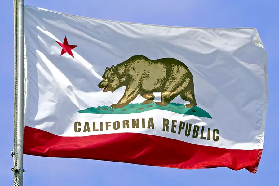 White and red California State Flag with grizzly bear image