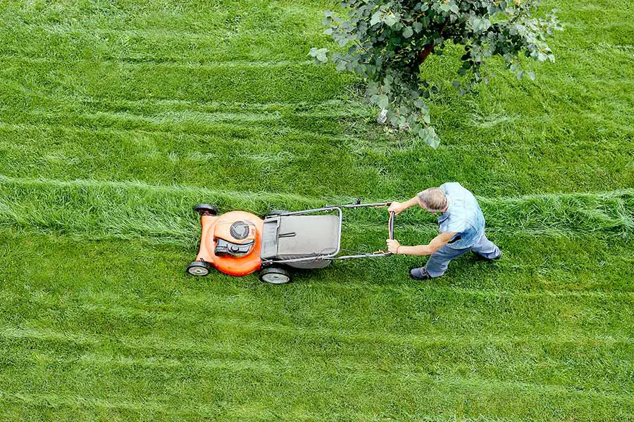 View from above of a man mowing yard