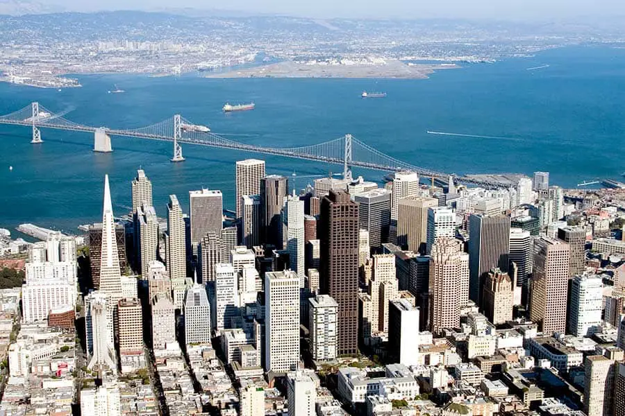 Birdseye view of downtown San Francisco skyscrapers and bay