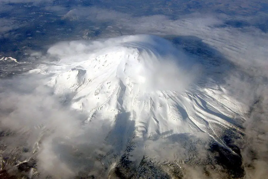 High altitude view of snow capped Mount Shasta