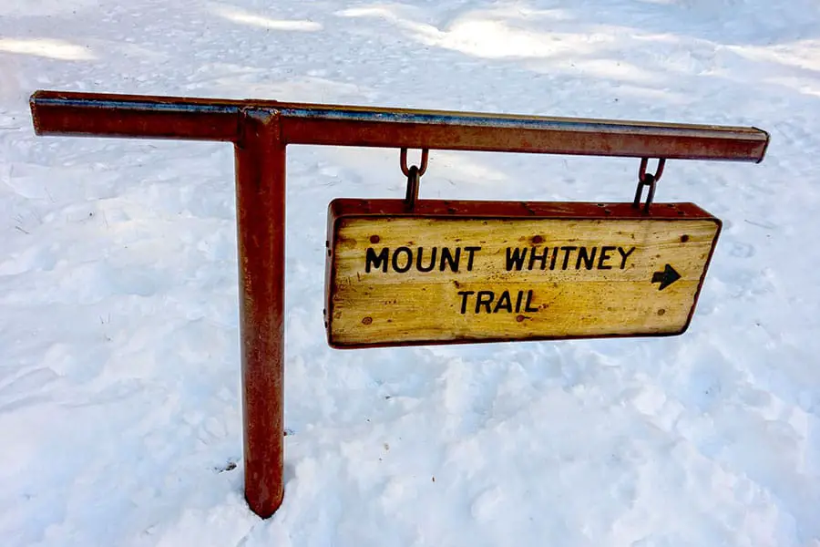 Deep snow around Mount Whitney trail sign