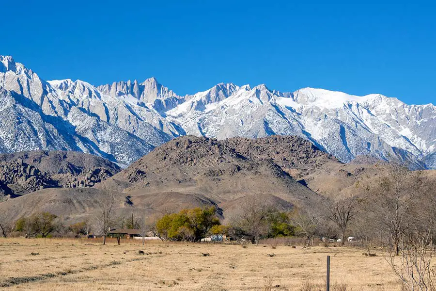 Snow capped Mount Whitney viewed near Lone Pine, California