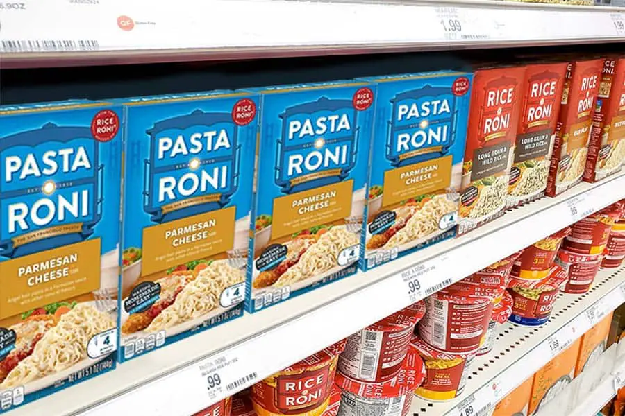 Boxes of Pasta Roni on grocery store shelf