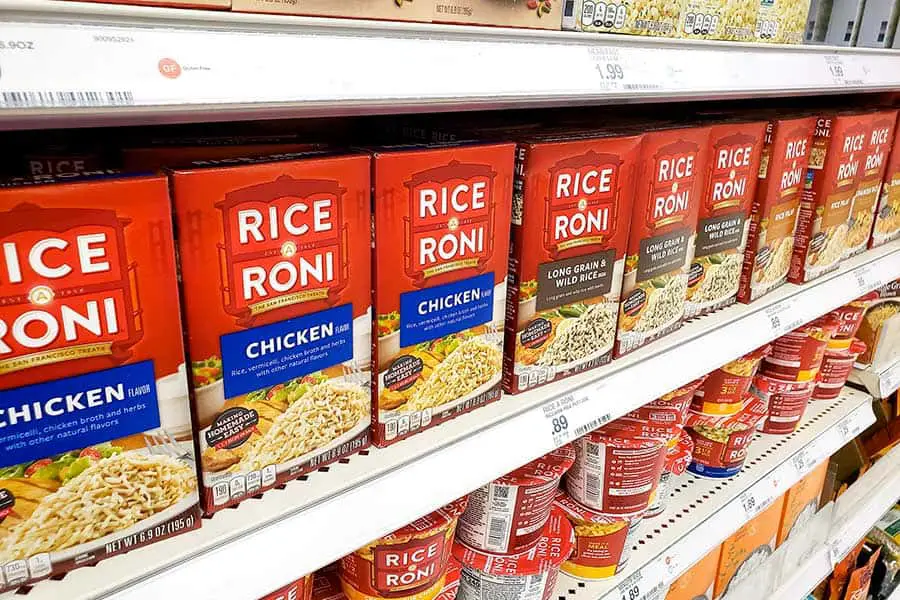 Boxes of Rice Roni on grocery store shelf