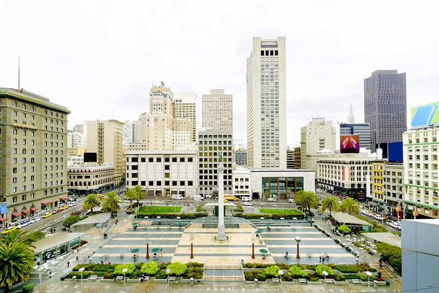 Union Square with downtown San Francisco skyscrapers