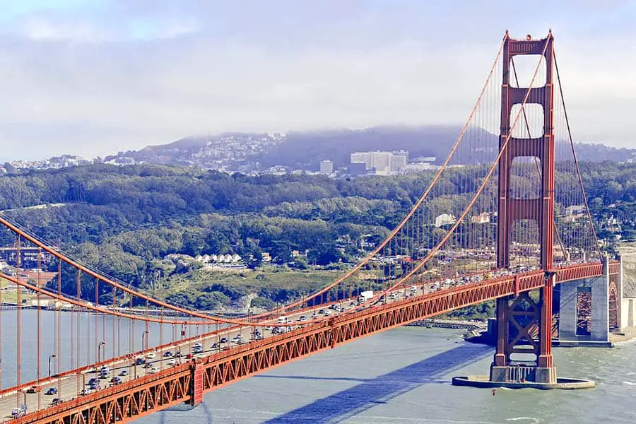 Birdseye view of the Golden Gate Bridge and traffic