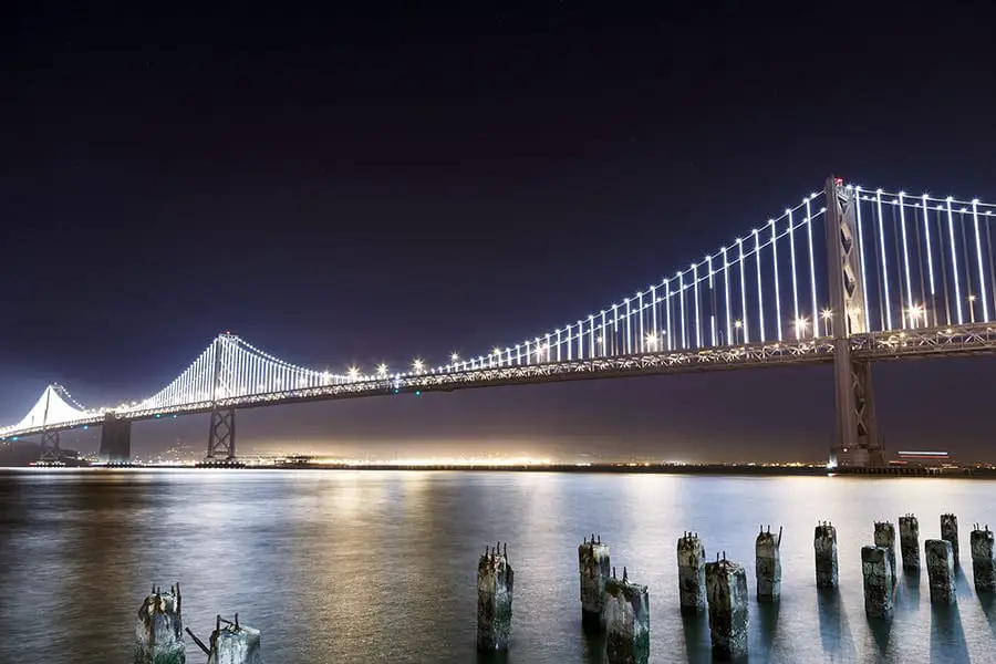 Lights on the San Francisco Oakland Bay Bridge at night