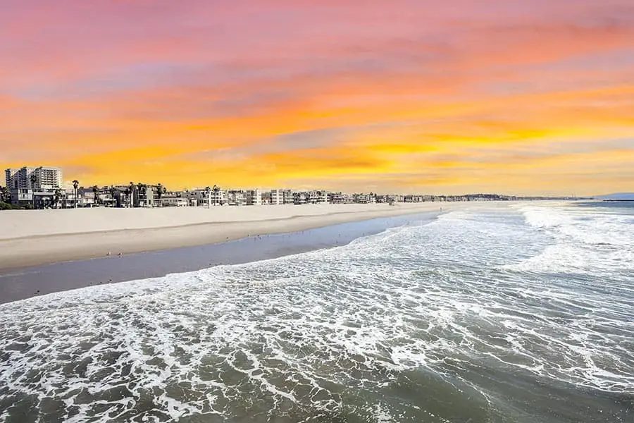 Venice Beach and ocean front buildings at sunrise